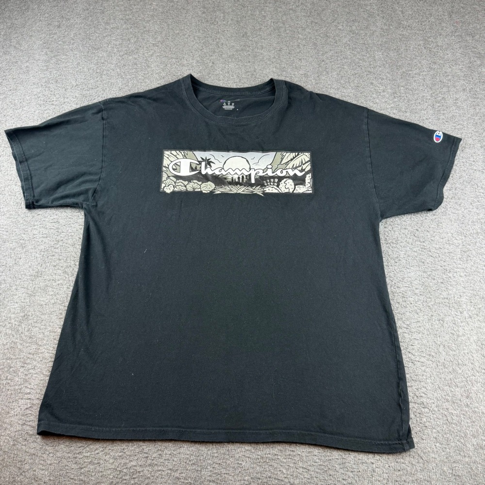 Champion Graphic T-Shirt Men's XL Black Tropical Box Logo Short Sleeve Tee
